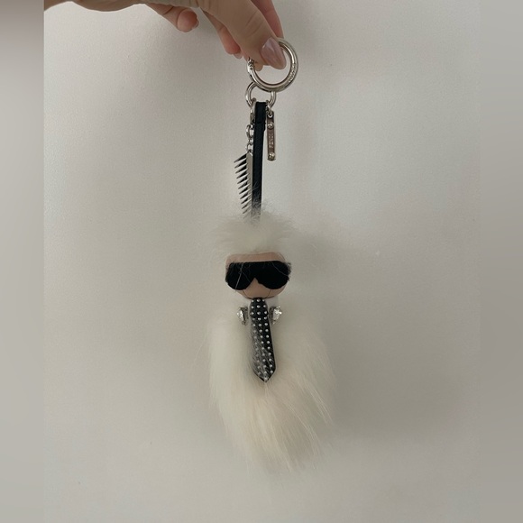 FENDI Karlito Bag Charm w/ Box White Mink Fox Fur - Picture 6 of 7